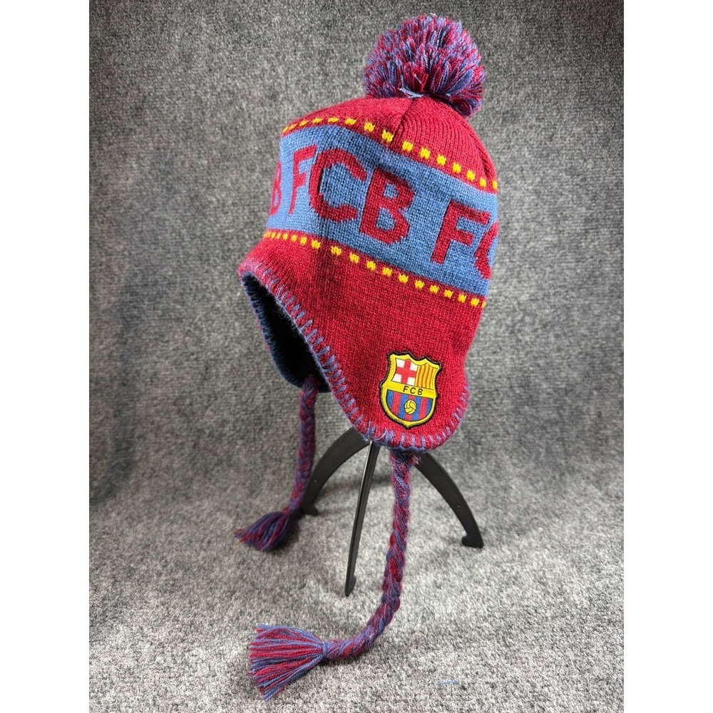 FCB Soccer Hat Fleece Lined Pom Chullo Tassels